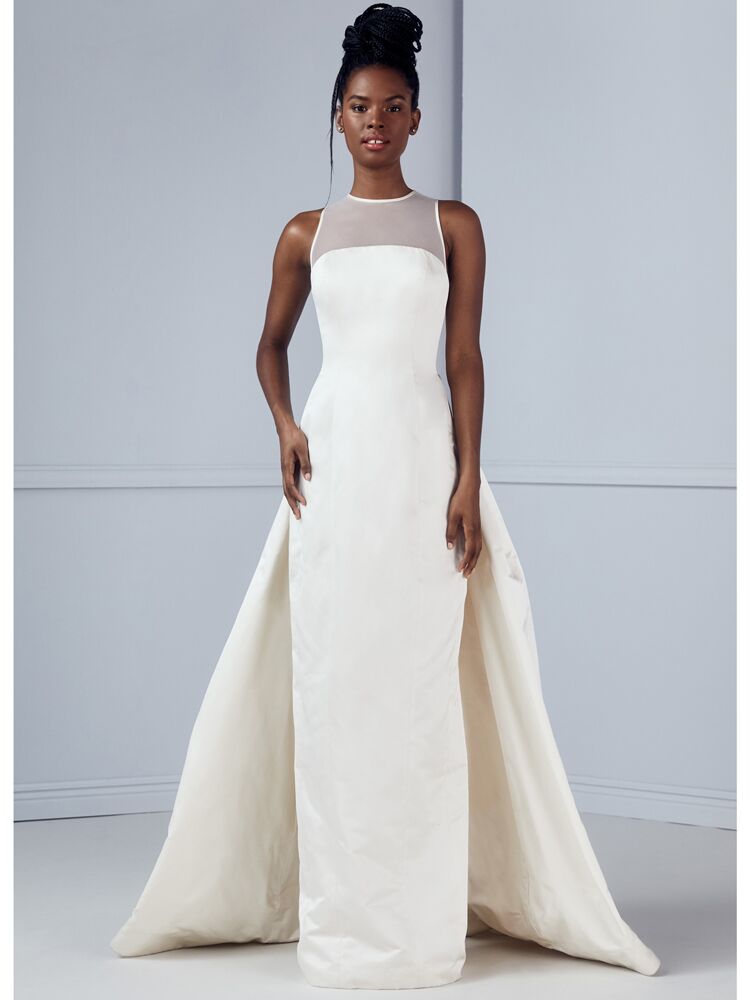 Amsale satin column wedding dress with illusion back