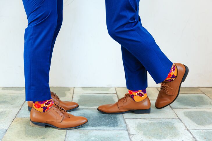 Grooms with Brown Shoes and Whimsical Patterned Socks