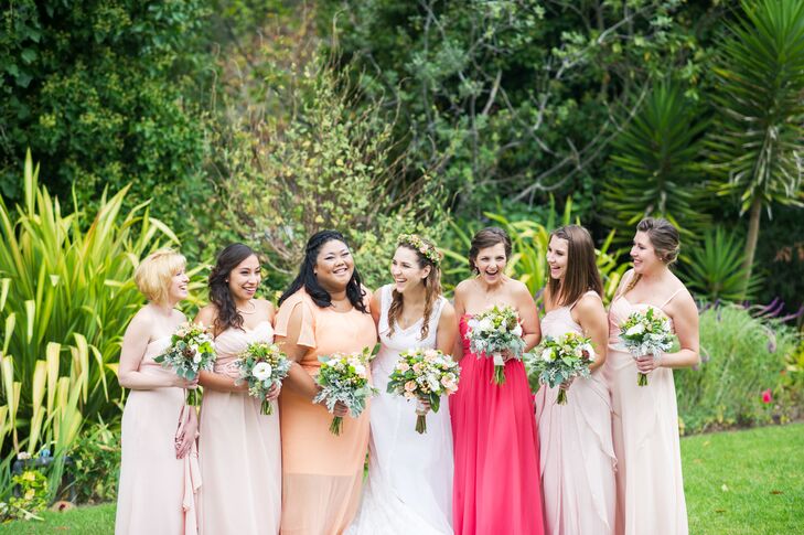 Danielle's bridesmaids selected their own dresses within a palette that ranged from pale peach to fuchsia.