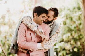 Grooms in Pastel Colors at Whimsical Backyard Wedding