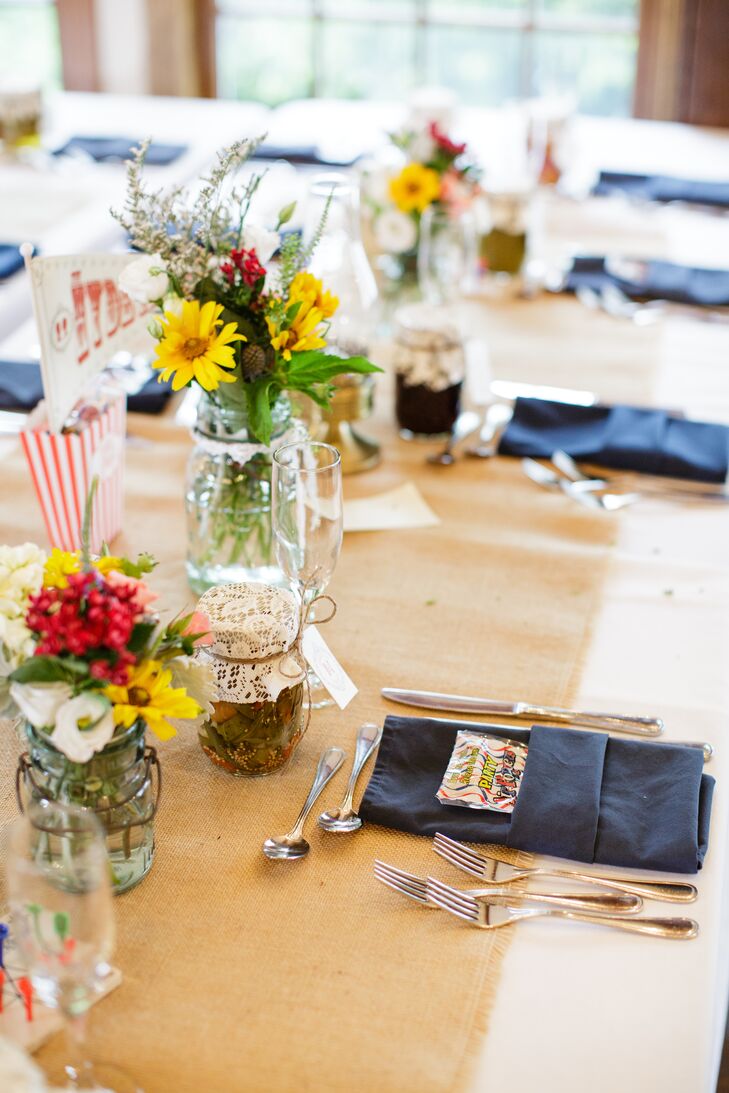 Wildflower Centerpieces on Burlap Runner