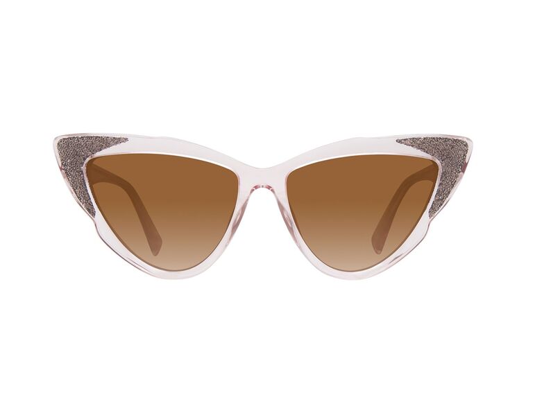 baxter and bonny vera wang light pink cat eye bride sunglasses with glitter and brown lenses