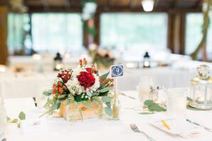 Rustic Wooden Centerpieces with Eucalyptus and Hypericum
