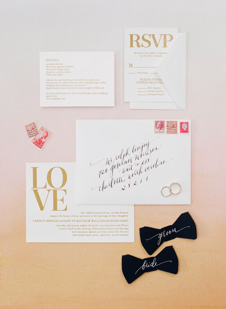 Lynn and Matt wanted a simple, classic design for the invitations to set the tone for the day. They loved the simple ivory paper with gold foil letterpress from Wedding Paper Divas. The simple aesthetic was perfect for their artistic, modern soiree.