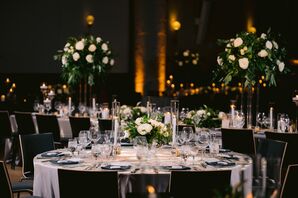 Round and Long Tables With Black-and-White Motif, Dark Linens, Tall and Low Centerpieces