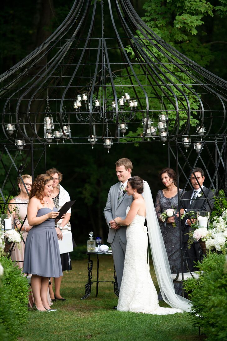 Rachel and Jacob had planned on having their ceremony outdoors in the Lord Thompson Manor gardens, but the weather had other ideas in mind. Thirty minutes before the ceremony, it began to pour, leading the couple to believe they would be saying their “I dos” indoors. But the staff at Lord Thompson Manor wasn’t ready to let a little rain put a damper on the day. “The staff at Lord Thompson Manor actually blow-dried the seats and even the grass, so we could have the ceremony outside,” Rachel says.