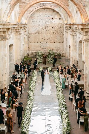 Bride Walking Down Aisle in Guatemalan Ruins, Greenery and White Flowers, Formal