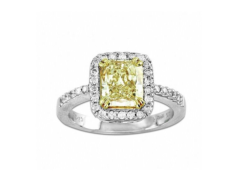 zales cushion cut yellow diamond engagement ring with yellow gold claw prongs round diamond halo round diamond sides and plain white gold band