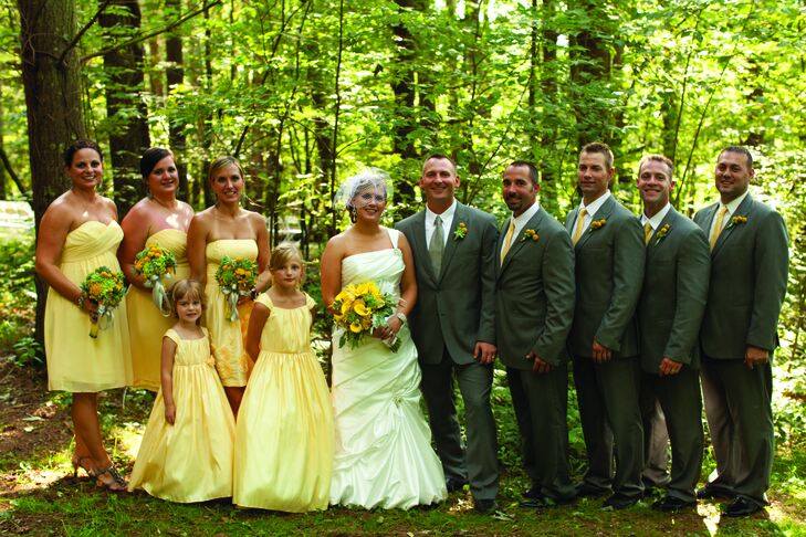 The girls wore knee-length yellow dresses, and the guys coordinated in gray suits.