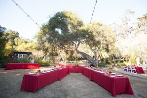 Red Dining Tables at Backyard Reception