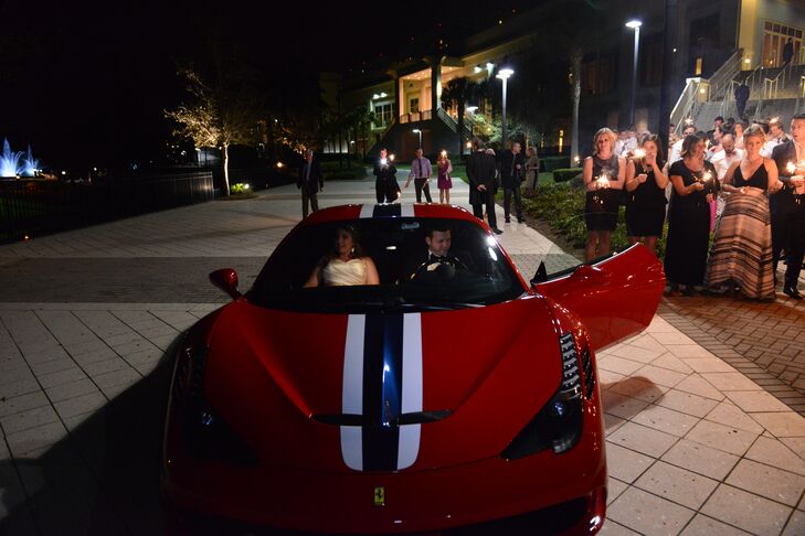 Before bidding their good-byes, the couple climbed inside a Ferrari 458 Speciale in red. "Another nod to Jarrett's love of speed," Sarah says. And off they drove into their new life together.