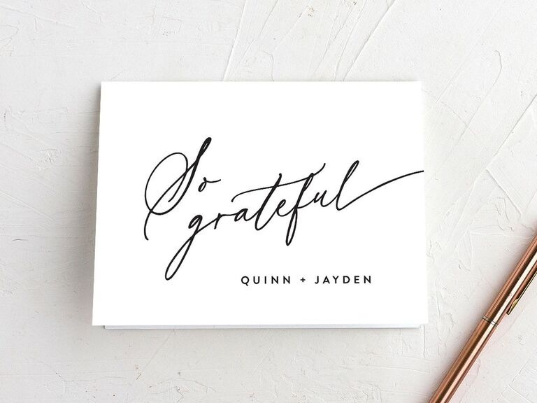 Minimalist So Grateful thank-you card with elegant calligraphy font