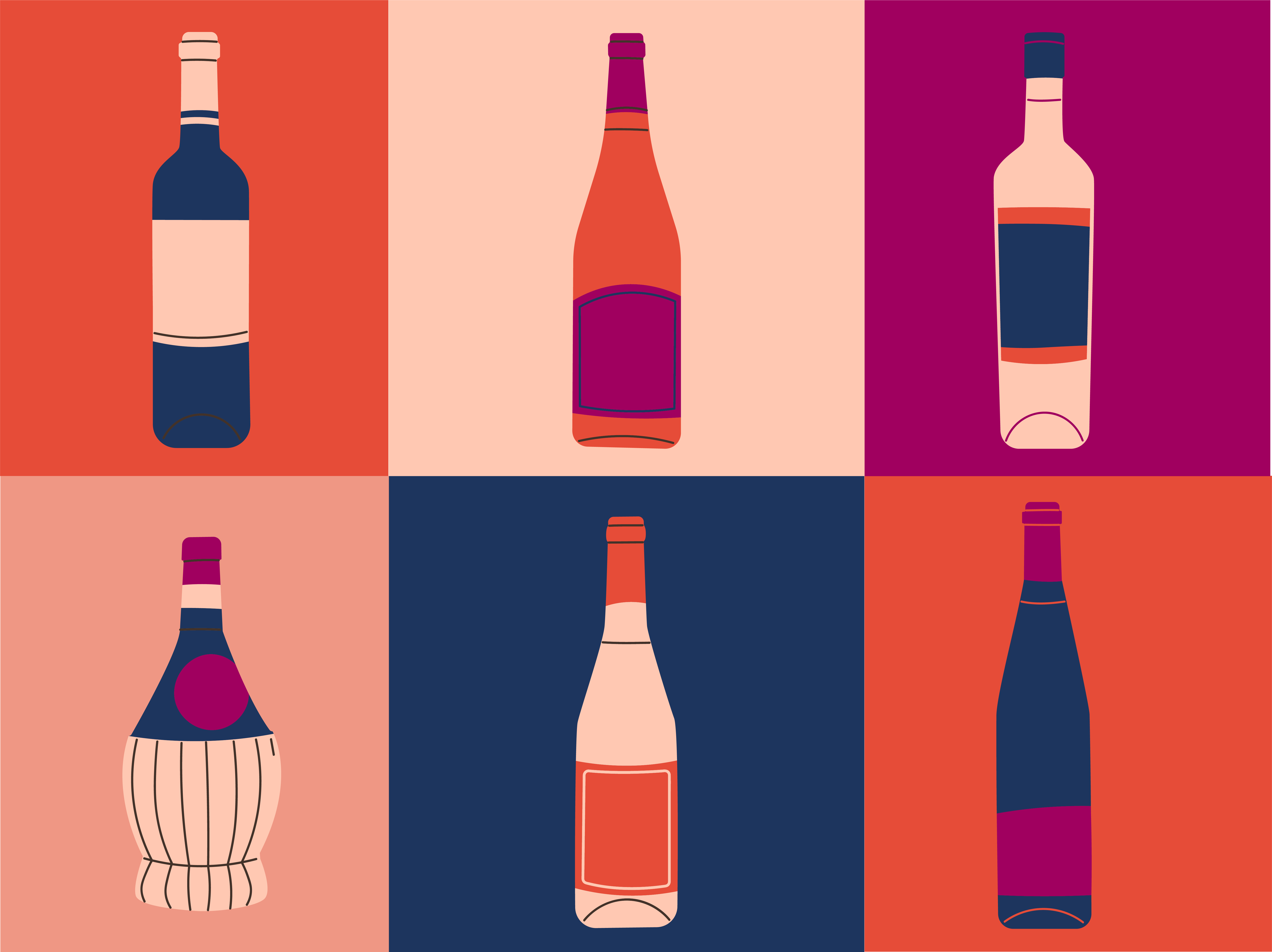 Graphic of various alcohol bottles set against a colorful background. 