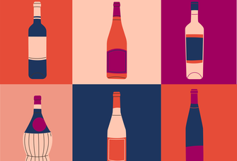 Graphic of various alcohol bottles set against a colorful background. 