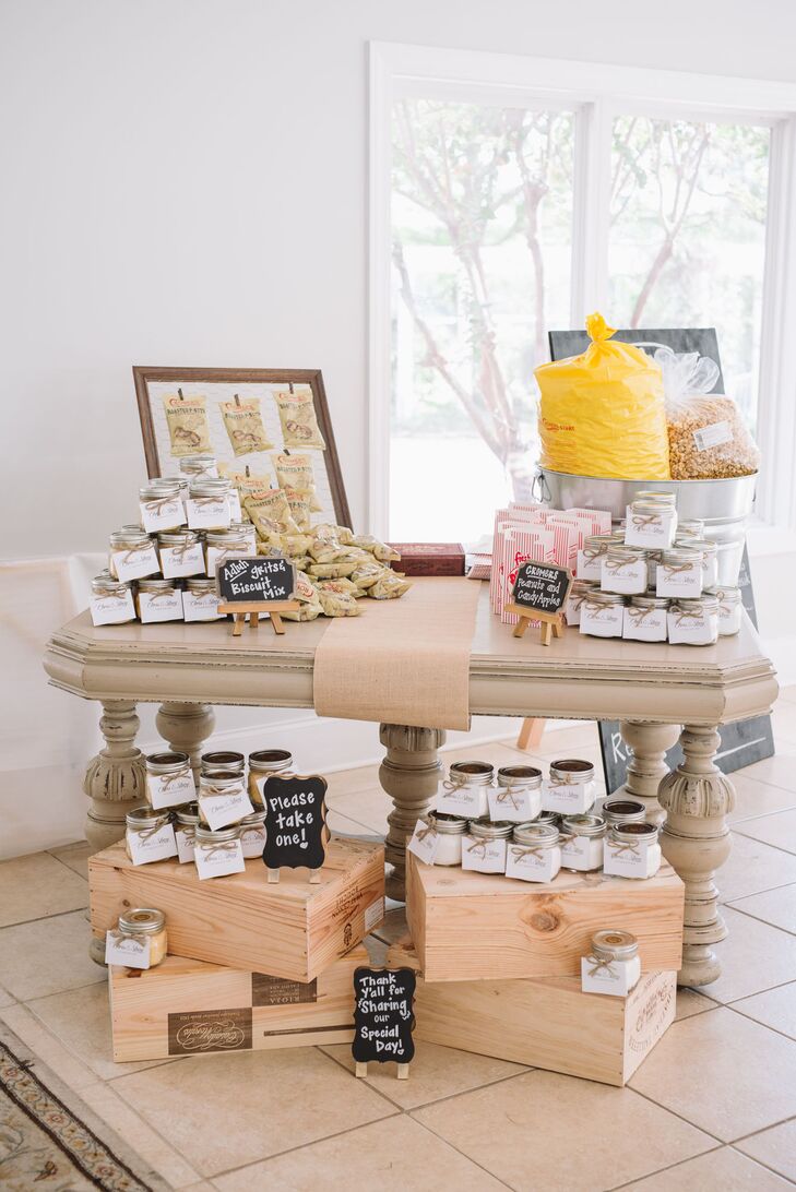 Inspired by their desire to keep everything "South Carolina," the couple arranged their favor display to look like an old country store filled with goodies. "We jarred grits and biscuit mix from Adluh Flour company located in Downtown Columbia, SC along with recipes," says Stacy.