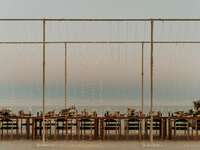 outdoor wedding venue with long banquet table surrounded by a curtain of string lights on both sides