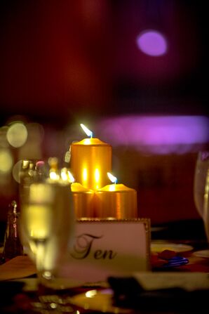 Gold Pillar Candles and Framed Table Numbers