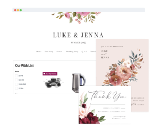 Luke and Jenna’s wedding registry page, wedding invitation and thank you card—all with matching floral designs.