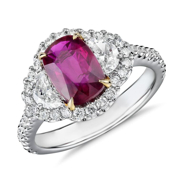 Blue Nile Three-Stone Cushion-Cut Ruby and Half Moon Diamond Halo Engagement Ring in 18k White and Yellow Gold