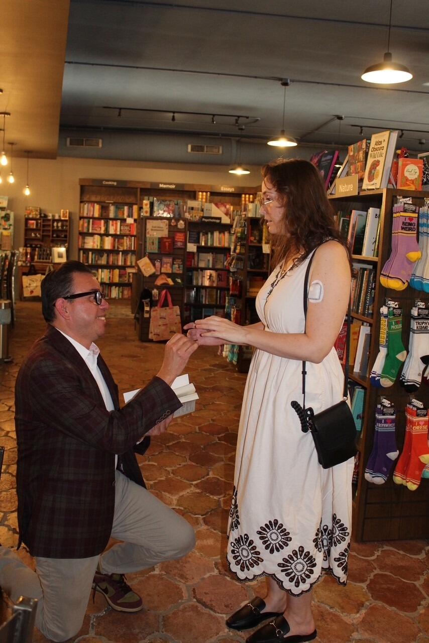 We got engaged at Nowhere Bookstore on Broadway (at 6:19 PM) -- and although it wasn't an international destination, it was perfect because she said yes and frankly, she would have never wanted more. I was recovering from surgery and still medicated (insert joke here).  Still, it was beautiful and I could not have done it without the  help from Ben and Myda.

Dinner was where we had our first date, at the same table.  We went out for drinks afterwards but because I was still medicated, it was almost immediately unromantic. 