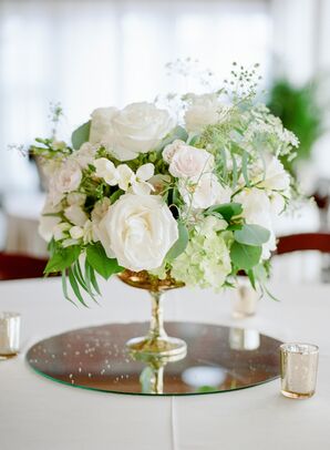 White Rose and Hydrangea Centerpieces on Mirror Pedestals