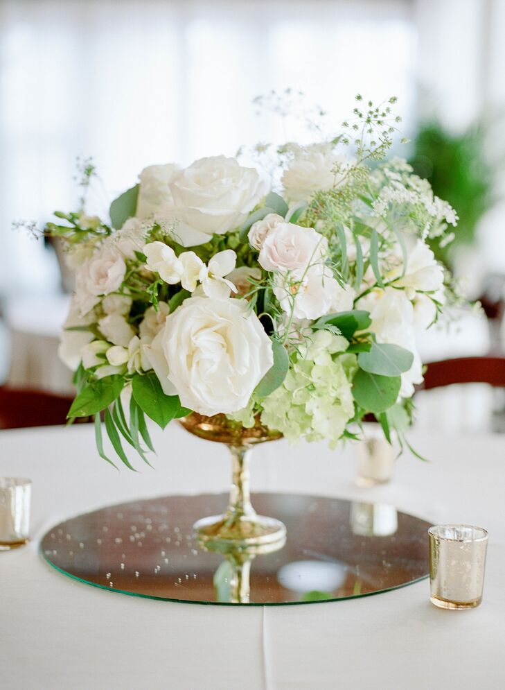 White Rose and Hydrangea Centerpieces on Mirror Pedestals
