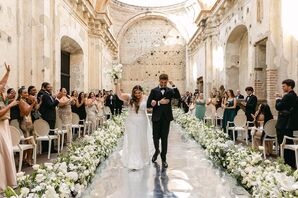 Bride and Groom Walking in Recessional in Ancient Ruins of Guatemala, Greenery and White