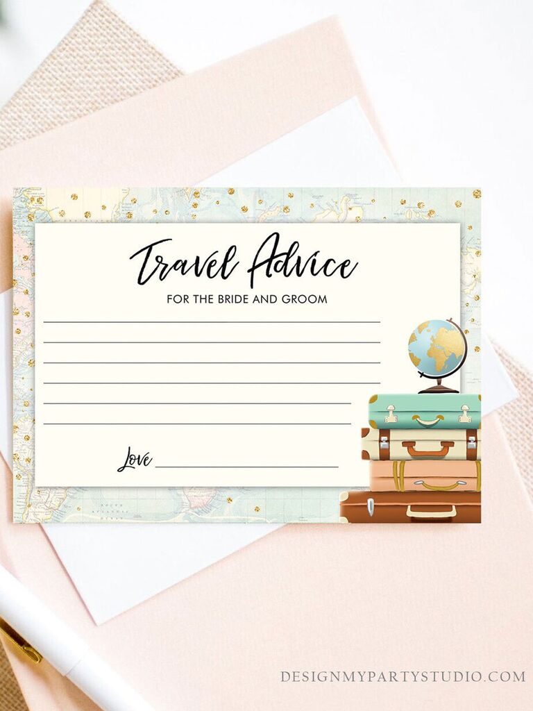 'Travel advice for the bride and groom' in black script with lines for guests to fill out, luggage and globe graphics on right side and map border detail