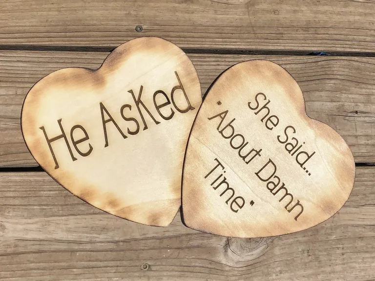 'She said about damn time' wood heart shaped engagement photo props