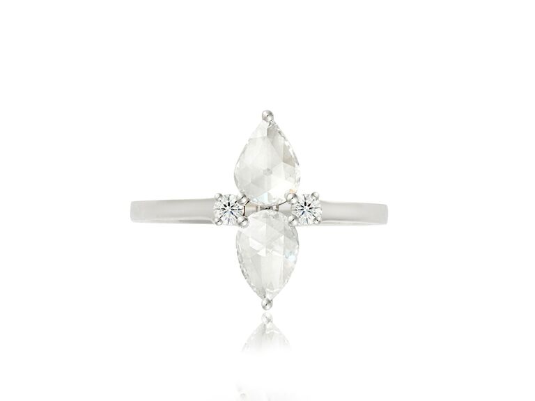 pear-shaped rosecut diamond two stone ring in white metal