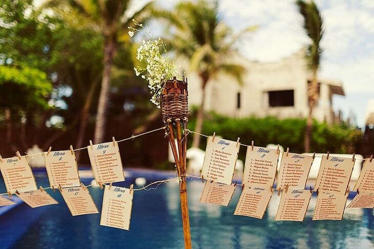 Hanging escort cards with burnt edges continued the vintage decor. The blue script for "Mesa" evoked the colors of the blue water backdrop.