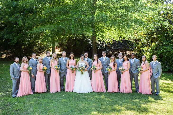 The groomsmen wore light gray suits with ivory shirts and light blue or purple ties to match the flowers in the bridesmaid bouquets. "I wanted our wedding party to have an elegant look without being too fancy, and I feel like we accomplished that," Sarah says.