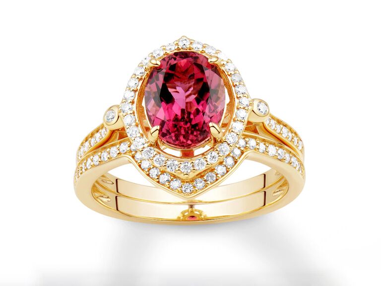 Jared pink tourmaline and diamond bridal set in 14K yellow gold