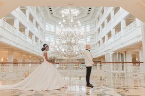 Bride Approaching Groom for First Look in Victorian-Inspired Resort at Walt Disney World