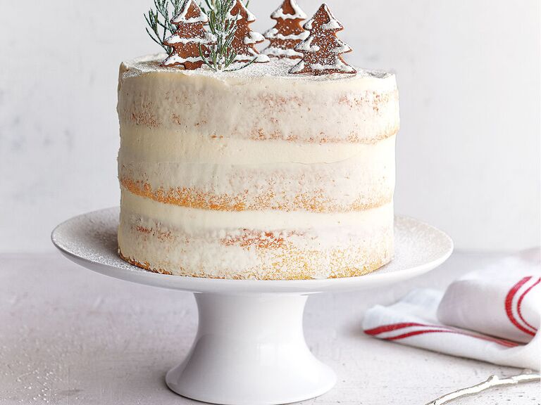 White porcelain cake stand with semi-naked holiday-themed cake