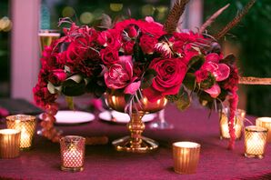 Low Burgundy Centerpiece with Feathers