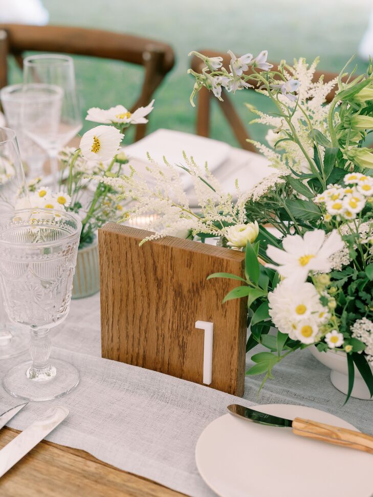 Rustic, Wooden Table Number With Low White-and-Green Centerpiece