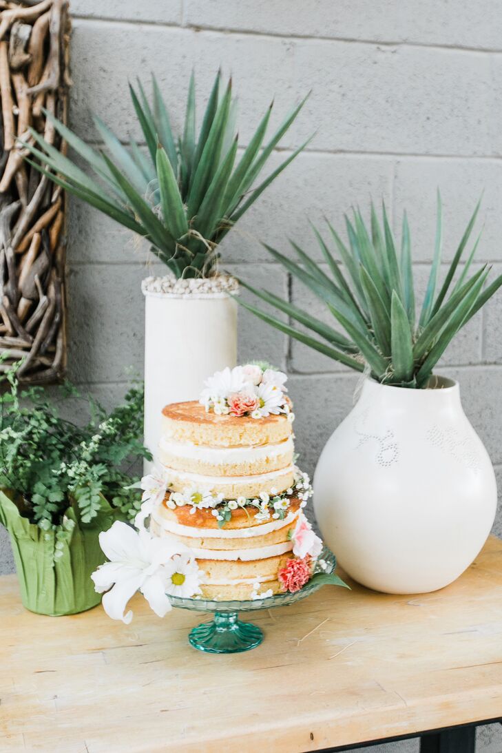 Boho Naked Cake on Green Glass Stand