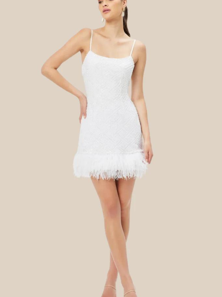 White Sequin Mini Dress with a sequin geometric pattern, a scoop neckline, and feather trim from Confête