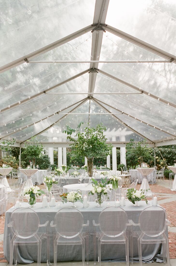 Pale Gray Linen Dining Tables and Round-Back Ghost Chairs