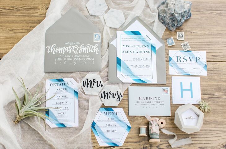 Modern Ombré Blue and White Paper Goods with Geometric Details