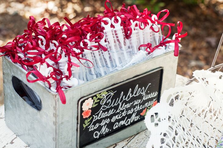 The guests blew bubbles to send off the newlyweds at the end of the evening.