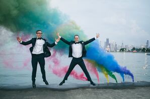 Grooms with Colorful Smoke Bombs at Wedding in Chicago, Illinois
