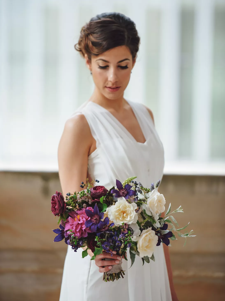 A lovely indigo, wine, and white-toned bouquet