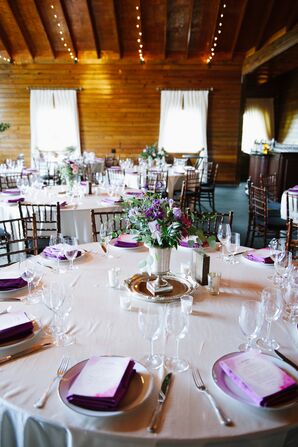 Barn Reception with String Lights and Purple Decor
