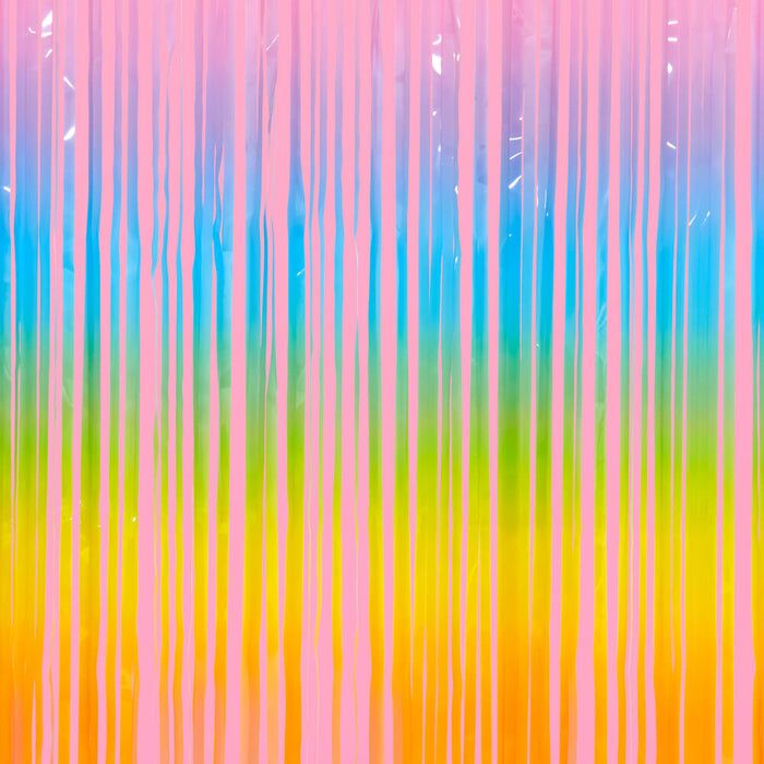 Rainbow foil bachelorette party backdrop from xo, Fetti. 