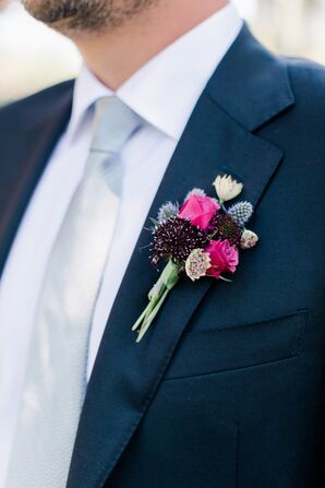 Jewel Tone Groom Boutonniere, Blue Thistles, Pink Roses, Purple Flowers