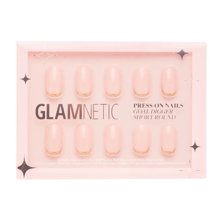 Rectangular box or pale pink press on nails with natural rounded tips. 