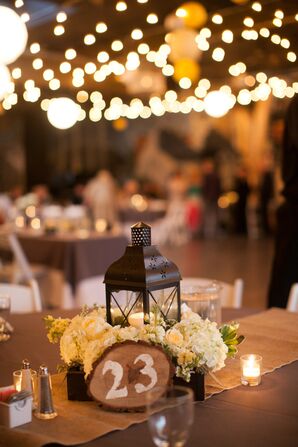 Lantern Centerpiece With Burlap Table Runner