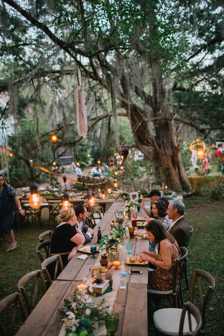 Outdoor Casual Reception in the Park with Boho Details